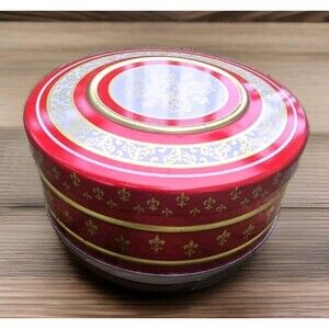 Vintage Fleur De Lis Pattern Round Decorative Tin Red Gold Christmas 8.5" W/ Lid
